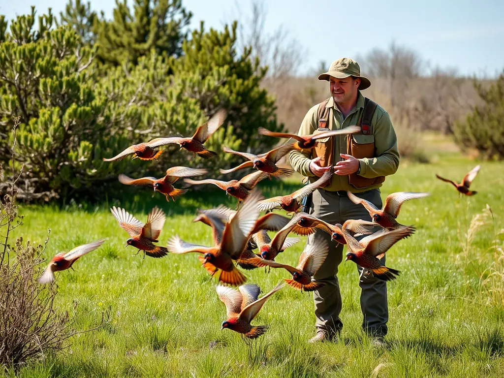 A photograph capturing SCC members releasing pheasants into a carefully managed habitat, showcasing their restocking efforts.