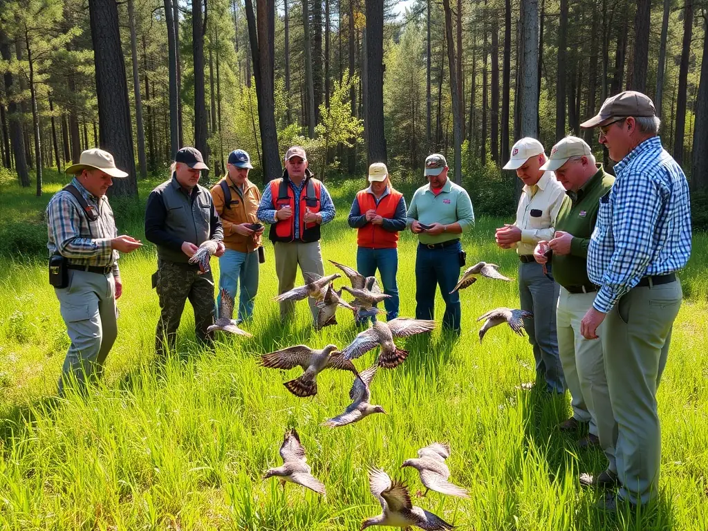 A photograph of SOCIETE DE CHASSE DE CURAN members releasing young game birds into a managed habitat as part of a restocking program.