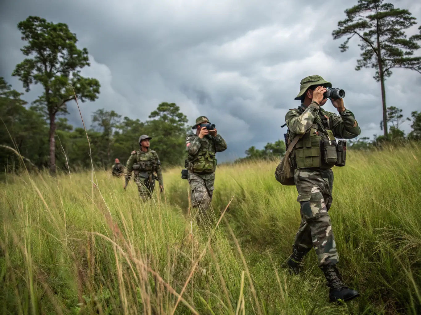 A photograph depicting members of SOCIETE DE CHASSE DE CURAN on an anti-poaching patrol in a dense forest, equipped with appropriate gear and looking vigilant.