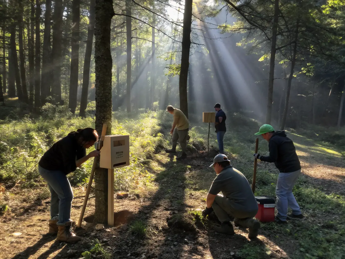 A photograph depicting a group of volunteers constructing a birdhouse in a forest setting, symbolizing habitat improvement efforts by SOCIETE DE CHASSE DE CURAN.
